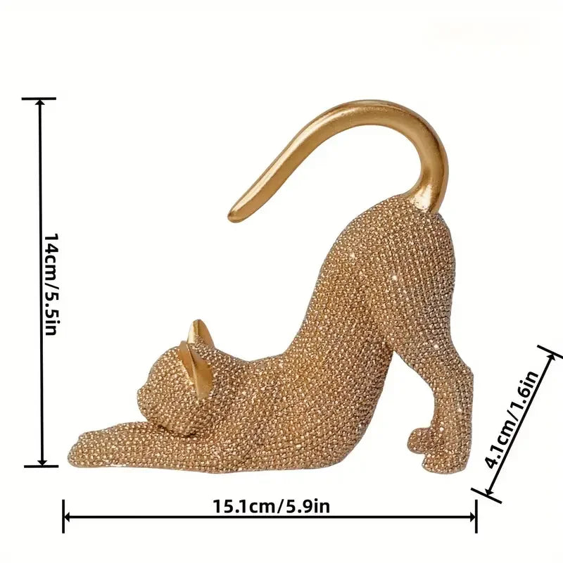 Cat Figurine, Cat Stretching Sculpture, with Sparkling Crystal
