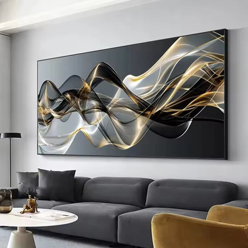 Golden Black White Line Design Canvas Painting- not framed