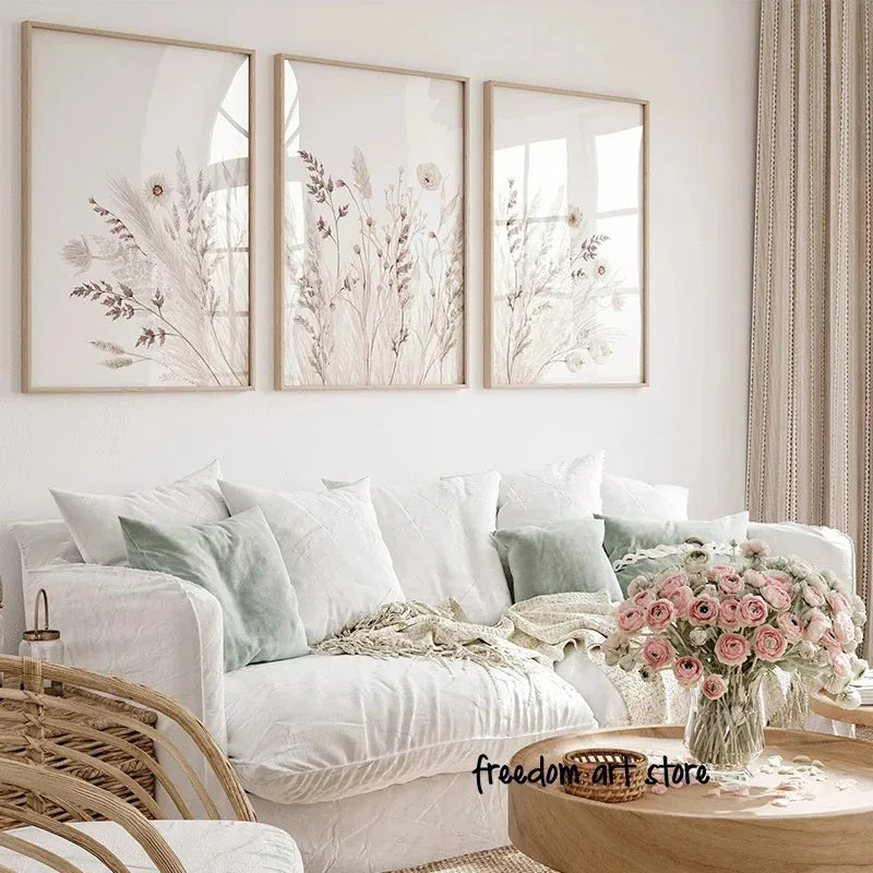 Boho Modern Style Beige Floral Canvas Painting