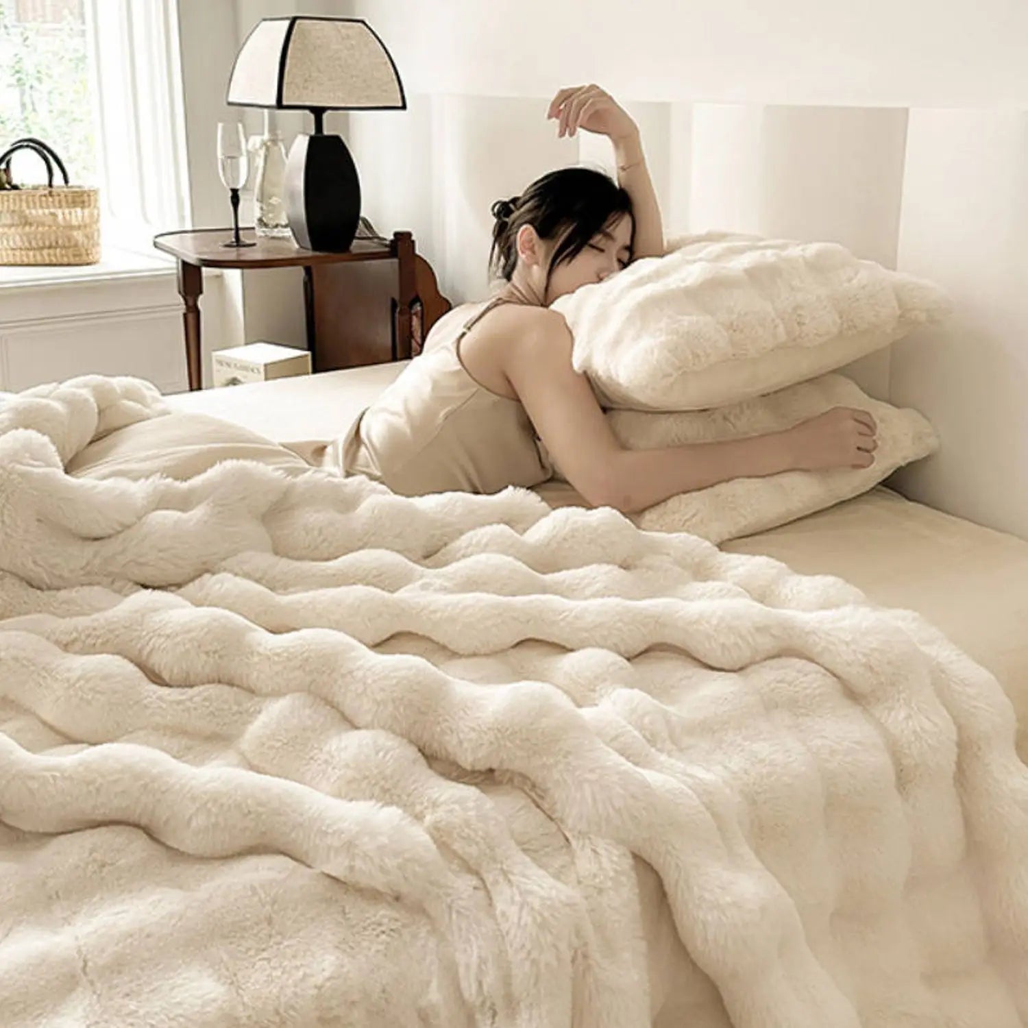 Faux Rabbit Fur ,Luxury Soft, Warm Bubble Blanket