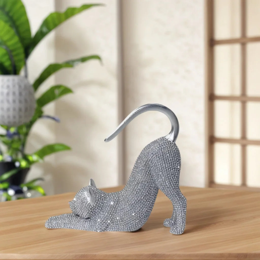 Cat Figurine, Cat Stretching Sculpture, with Sparkling Crystal