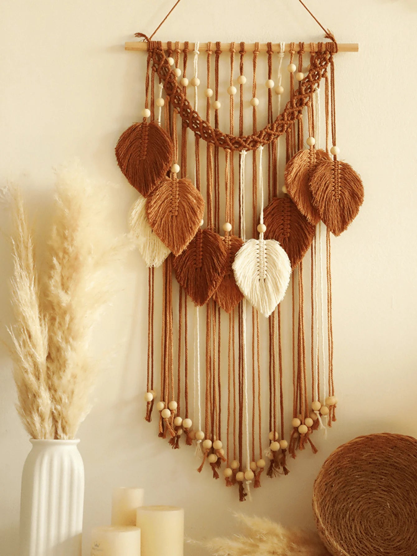 Boho Macrame Cotton Leaf Pattern Tapestry with Wood Beads