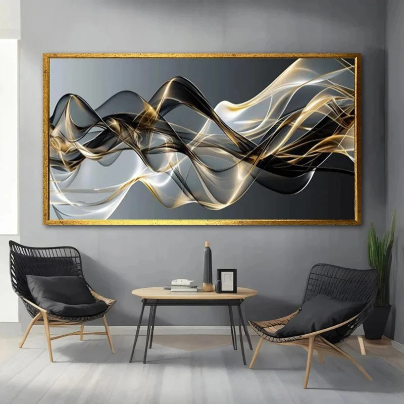 Golden Black White Line Design Canvas Painting- not framed