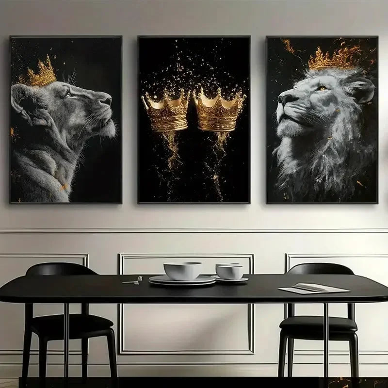 Golden Crown and Lion Canvas Wall Art-3pcs/set