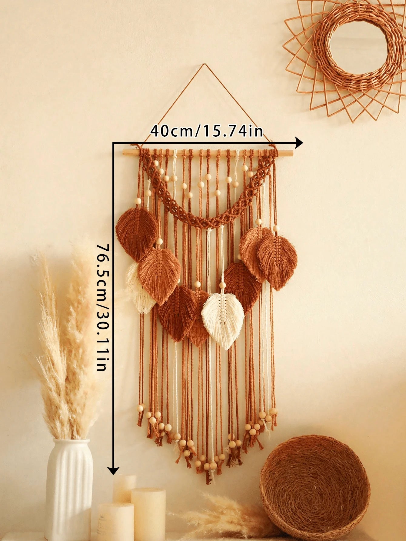 Boho Macrame Cotton Leaf Pattern Tapestry with Wood Beads