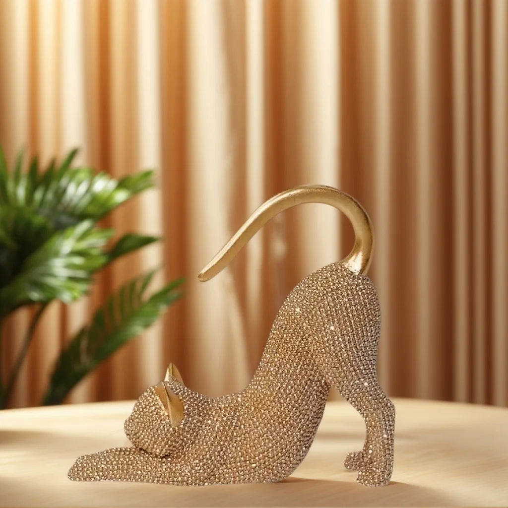 Cat Figurine, Cat Stretching Sculpture, with Sparkling Crystal