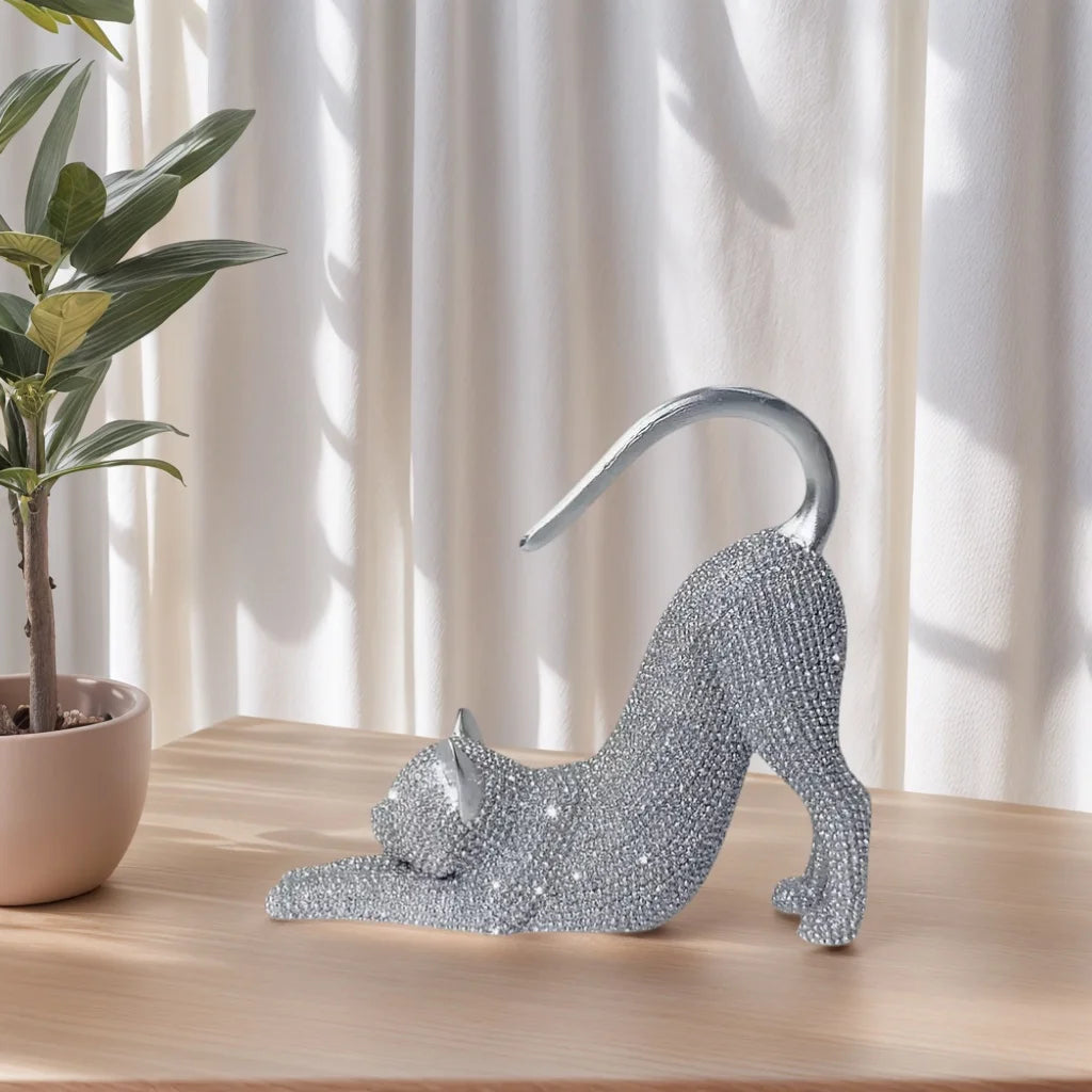 Cat Figurine, Cat Stretching Sculpture, with Sparkling Crystal