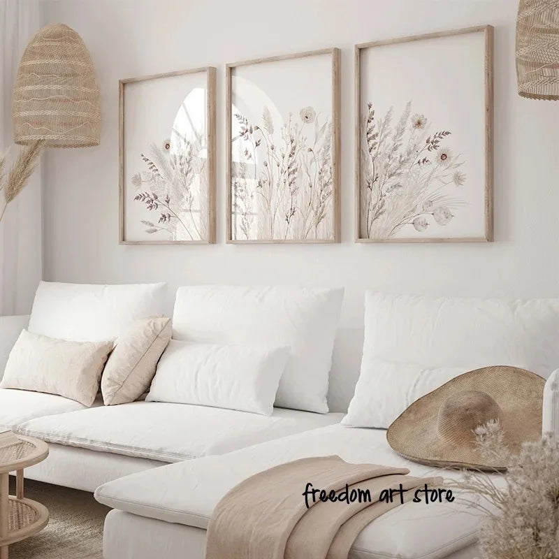 Boho Modern Style Beige Floral Canvas Painting