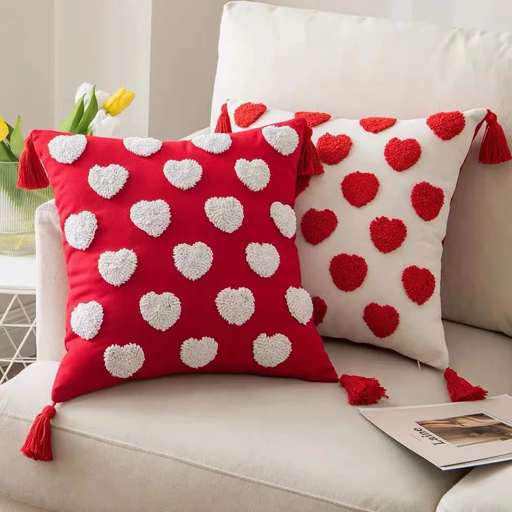 Red Valentines Day Decorative Pillow Cover with Tassels