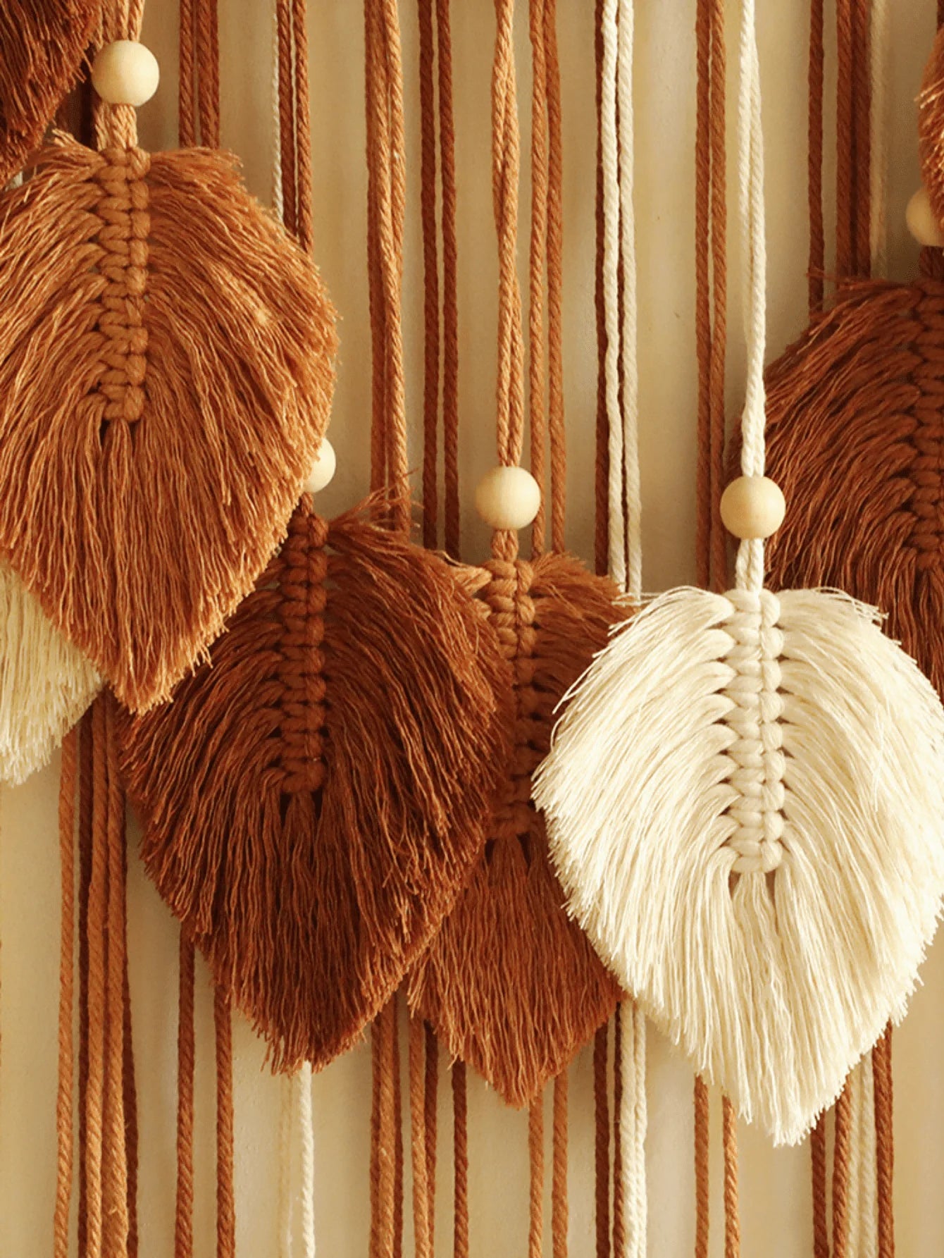 Boho Macrame Cotton Leaf Pattern Tapestry with Wood Beads