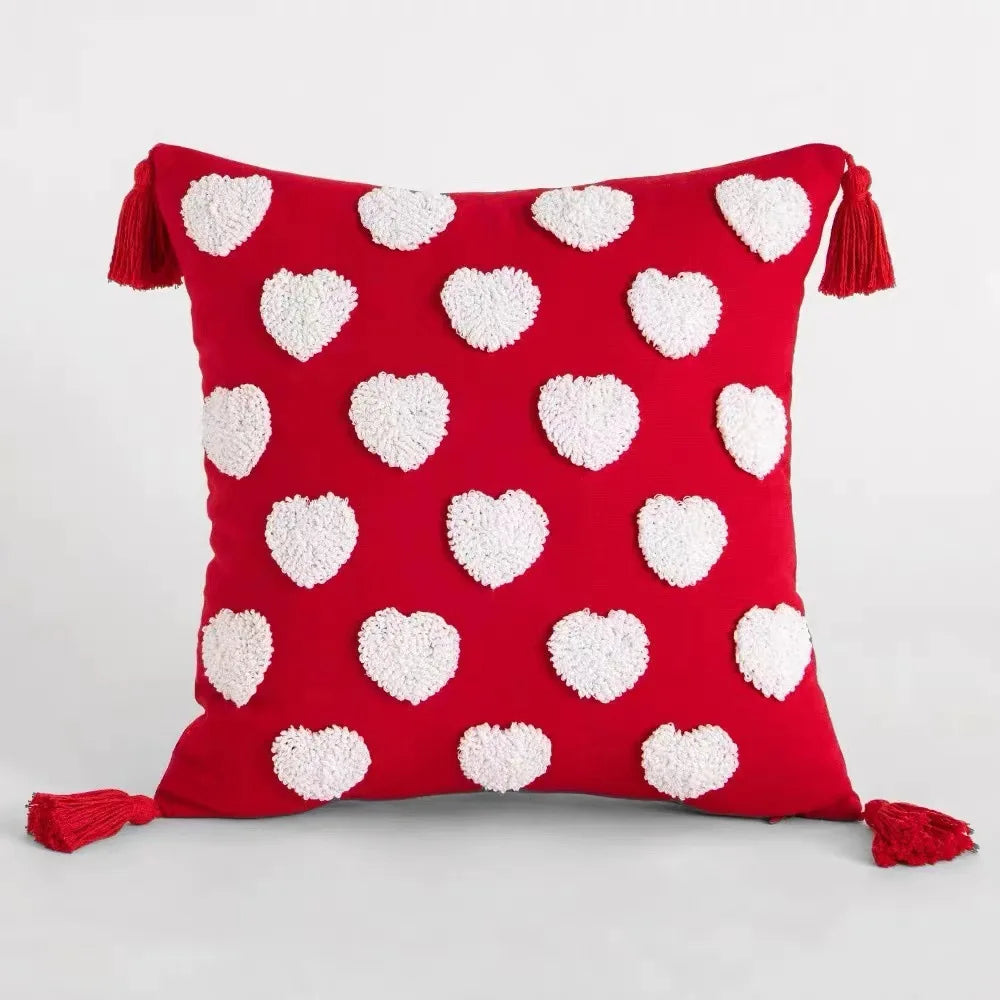 Red Valentines Day Decorative Pillow Cover with Tassels