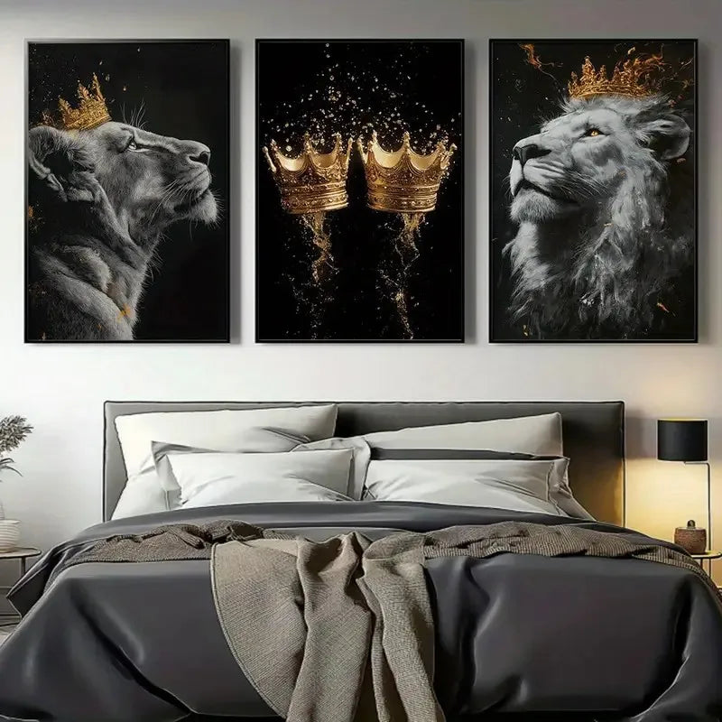 Golden Crown and Lion Canvas Wall Art-3pcs/set