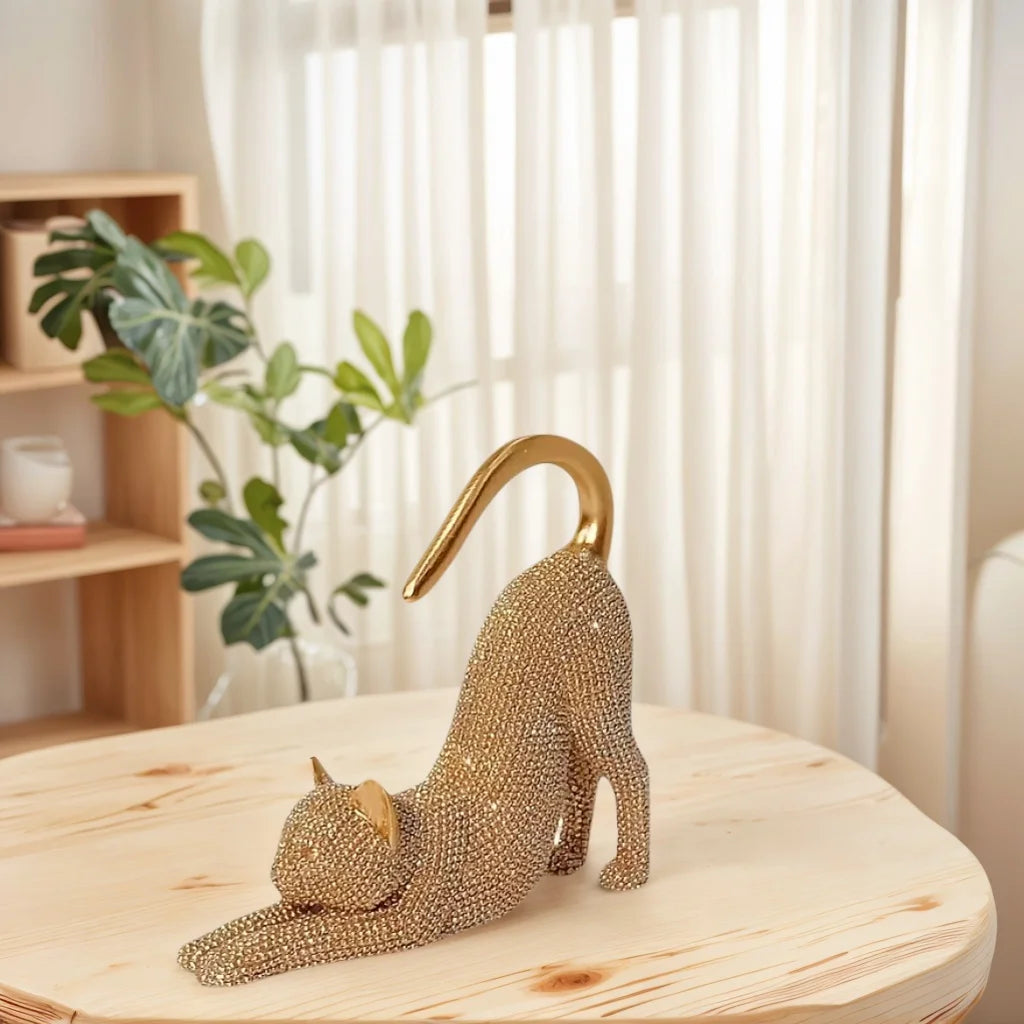 Cat Figurine, Cat Stretching Sculpture, with Sparkling Crystal