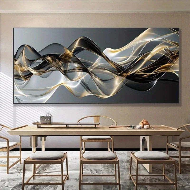 Golden Black White Line Design Canvas Painting- not framed