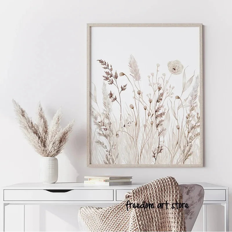 Boho Modern Style Beige Floral Canvas Painting
