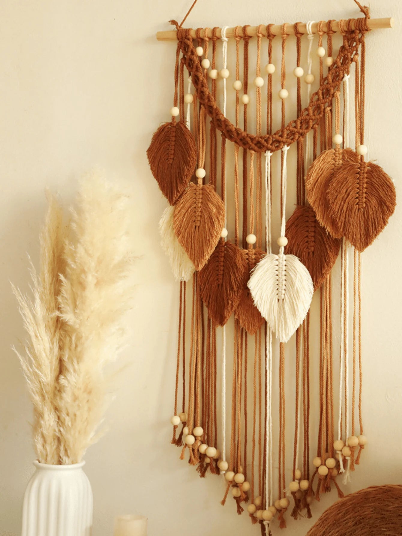 Boho Macrame Cotton Leaf Pattern Tapestry with Wood Beads
