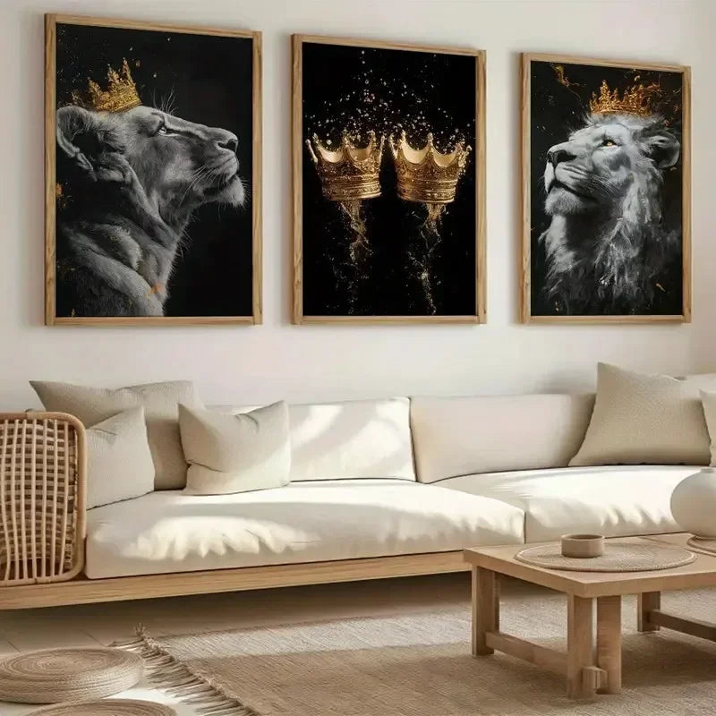 Golden Crown and Lion Canvas Wall Art-3pcs/set