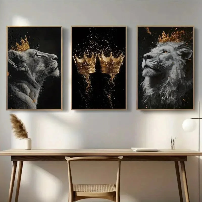 Golden Crown and Lion Canvas Wall Art-3pcs/set