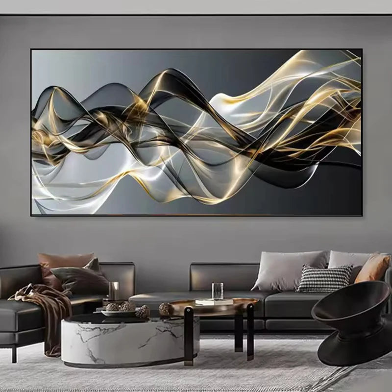 Golden Black White Line Design Canvas Painting- not framed