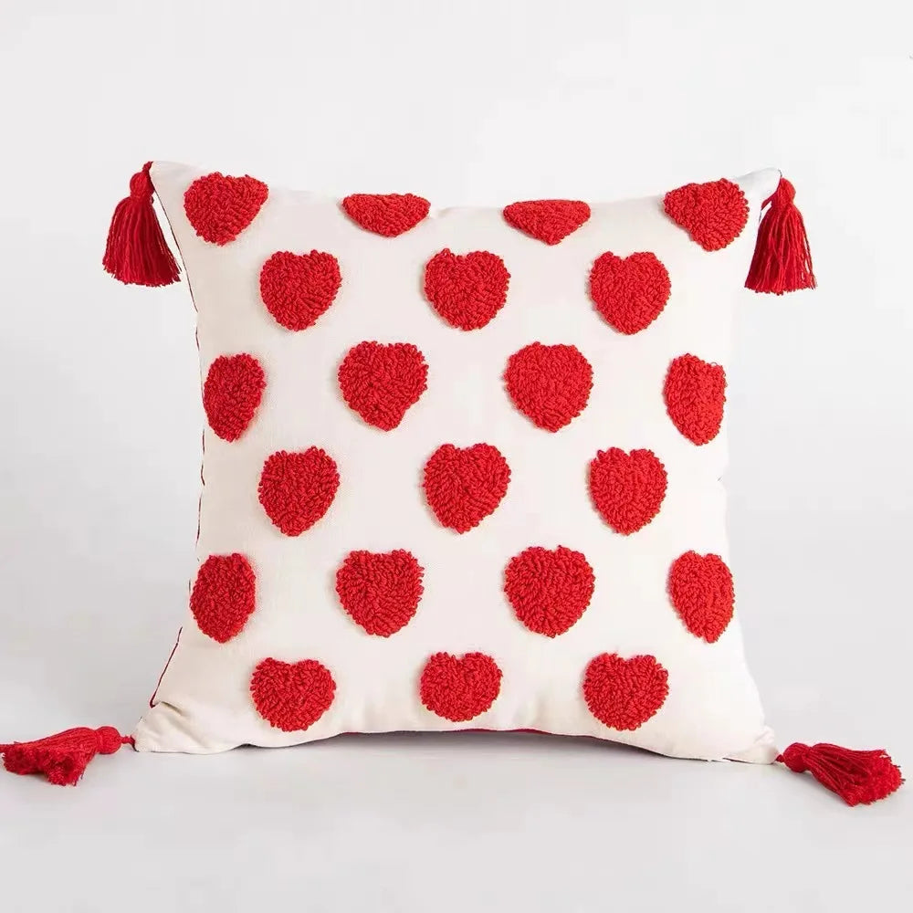 Red Valentines Day Decorative Pillow Cover with Tassels