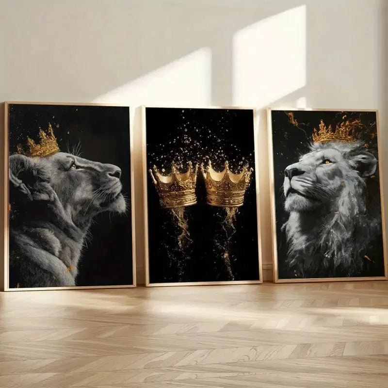 Golden Crown and Lion Canvas Wall Art-3pcs/set