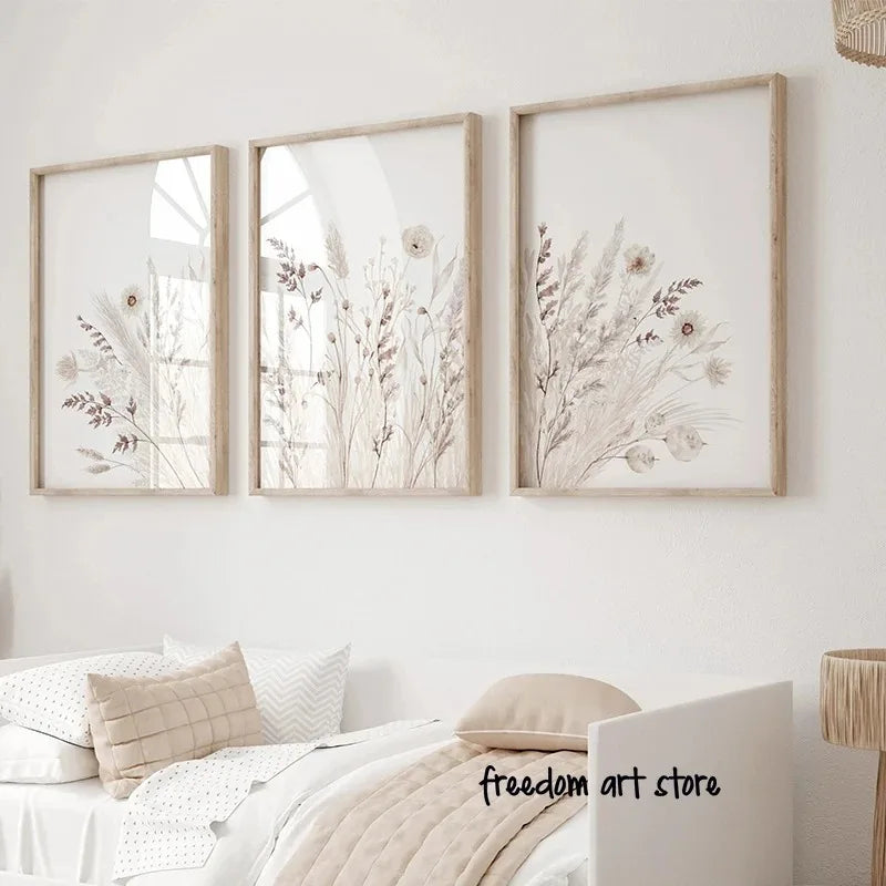 Boho Modern Style Beige Floral Canvas Painting